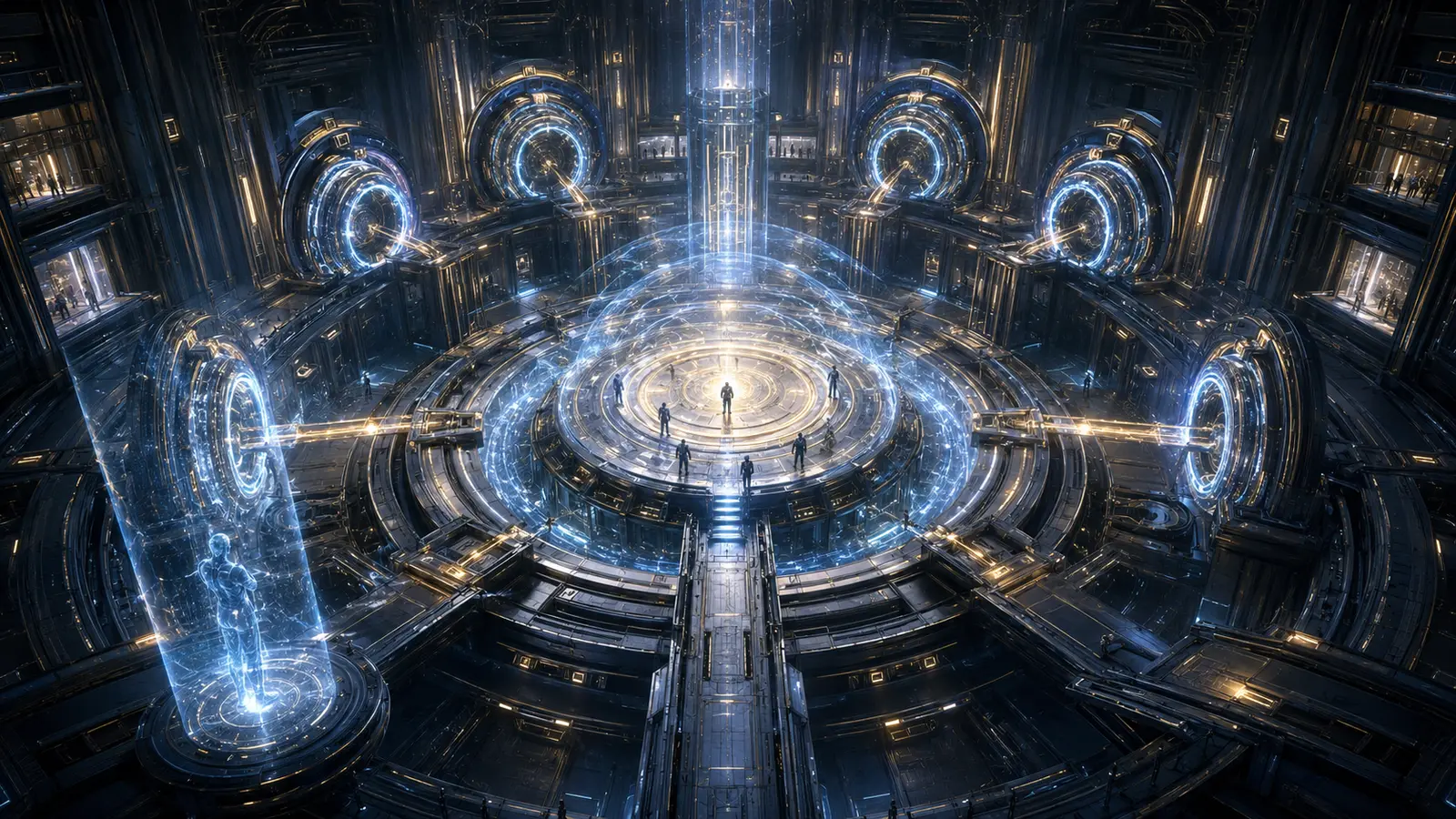 Chrono-Anchor center hub concept rendering with circular portals and a holographic command platform