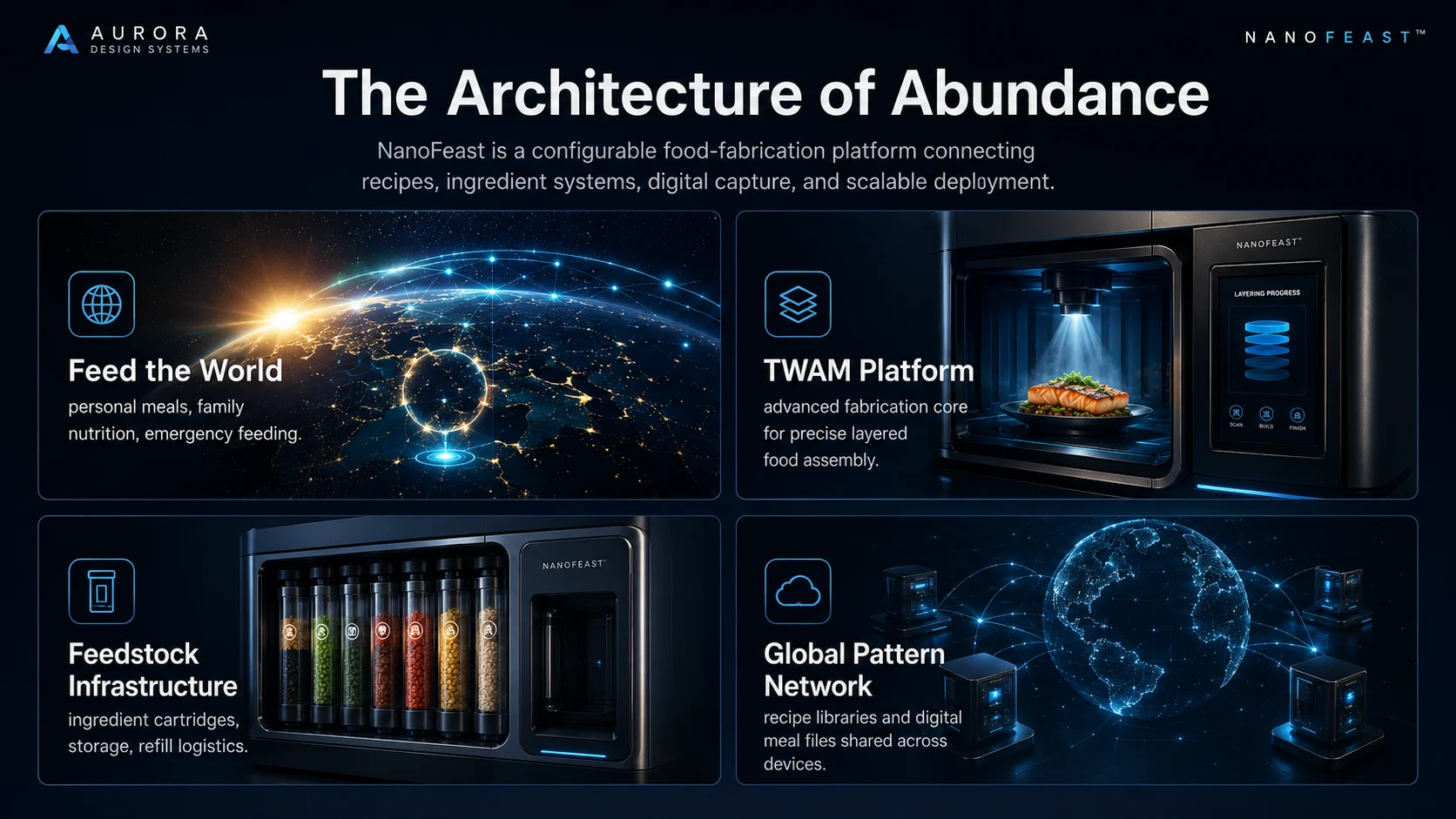 NanoFeast Architecture of Abundance — feed the world, TWAM platform, feedstock infrastructure, global pattern network