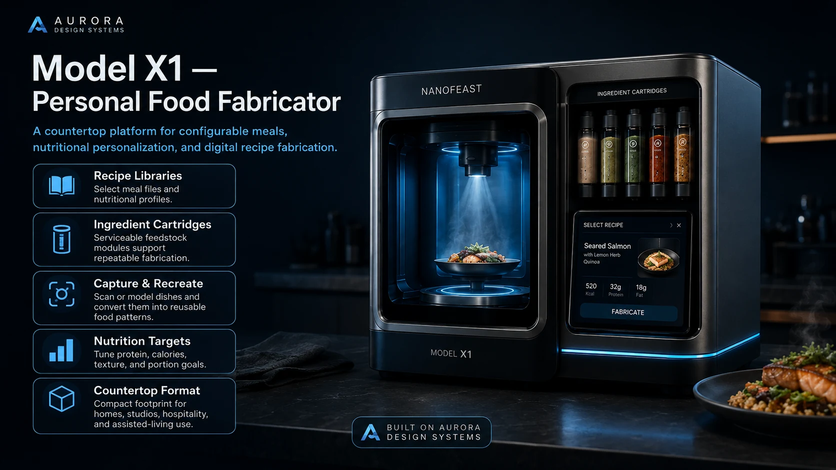 NanoFeast Model X1 personal food fabricator with ingredient cartridges and recipe interface