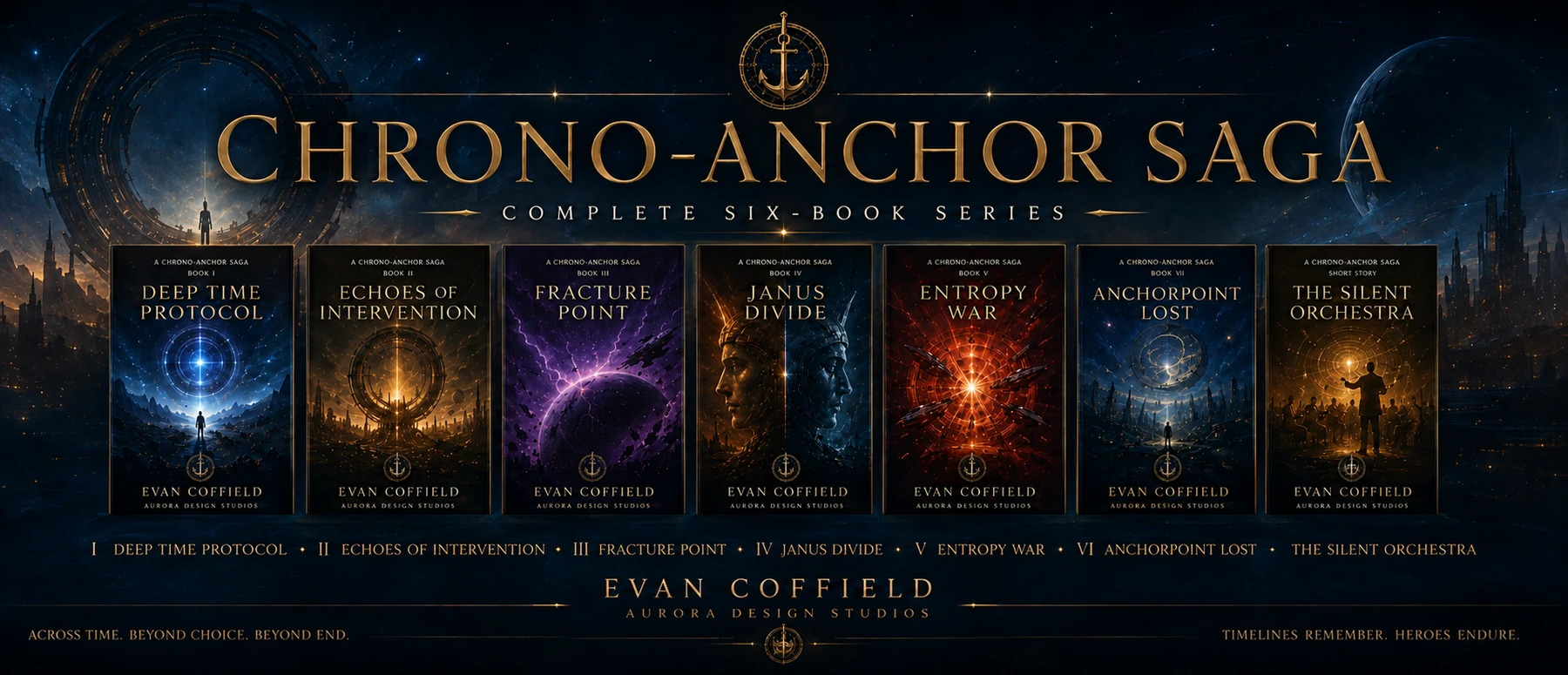 Chrono-Anchor Saga six-book lineup with The Silent Orchestra companion short story