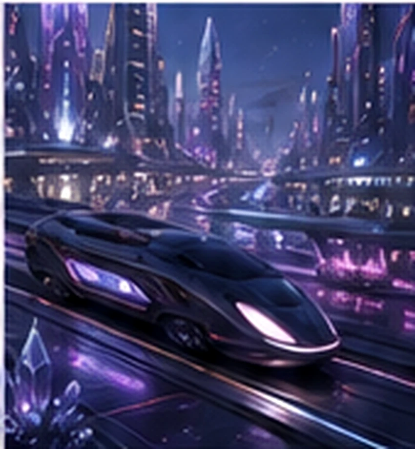 Streamlined local transit vehicle moving through the crystalline city