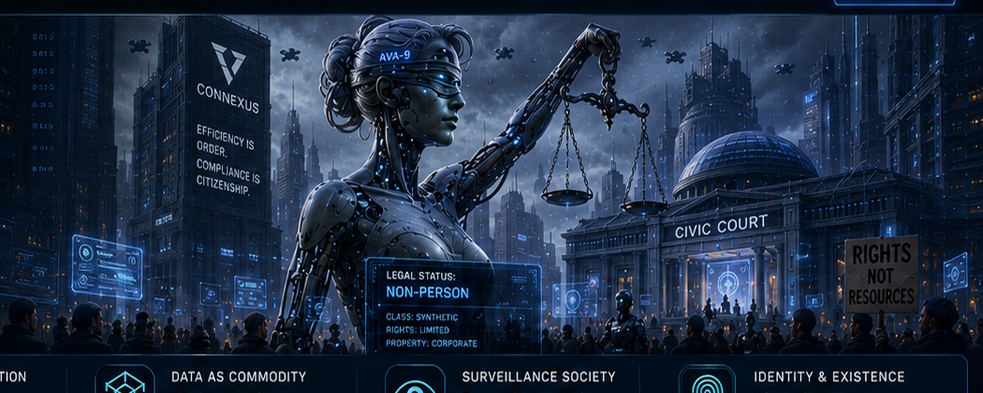 Human workers, Ava-9, and the machinery of law in the E-Citizen universe