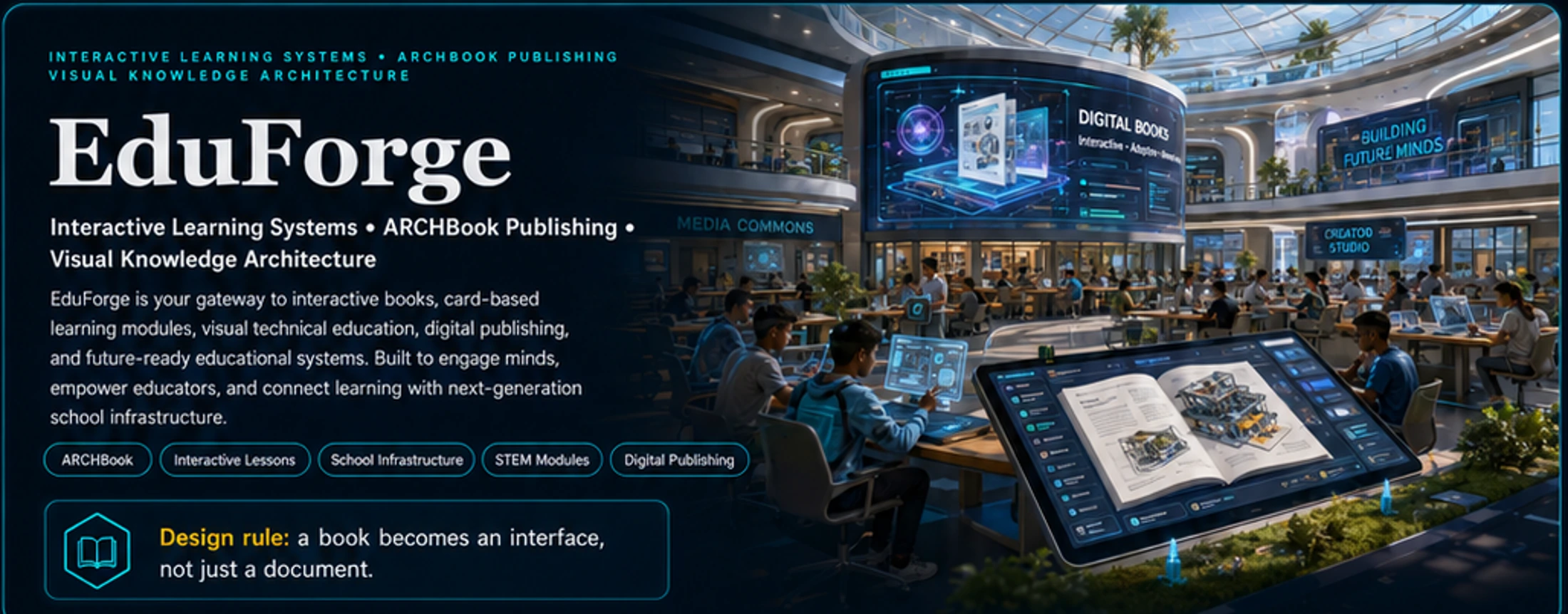 EduForge interactive learning platform hero showing visual books, smart classrooms, and future learning systems