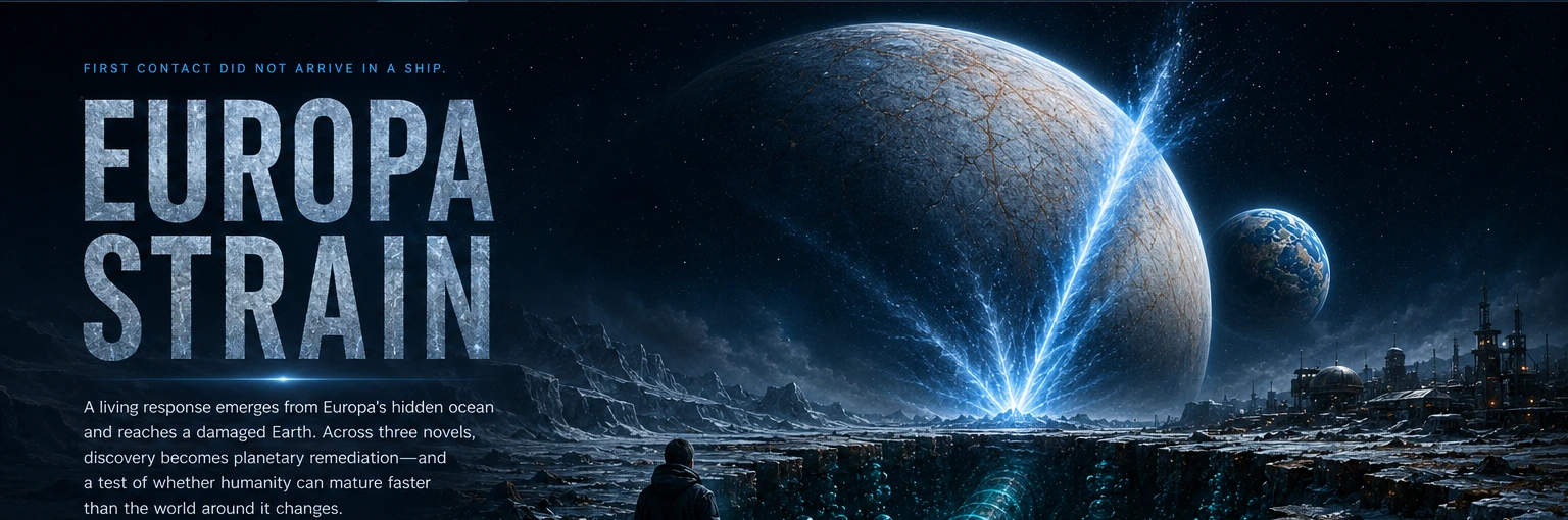 Europa Strain trilogy hero: Europa fractures with a luminous plume above an icy landscape while a human observer faces the event; the image carries the approved Europa Strain title and first-contact synopsis.