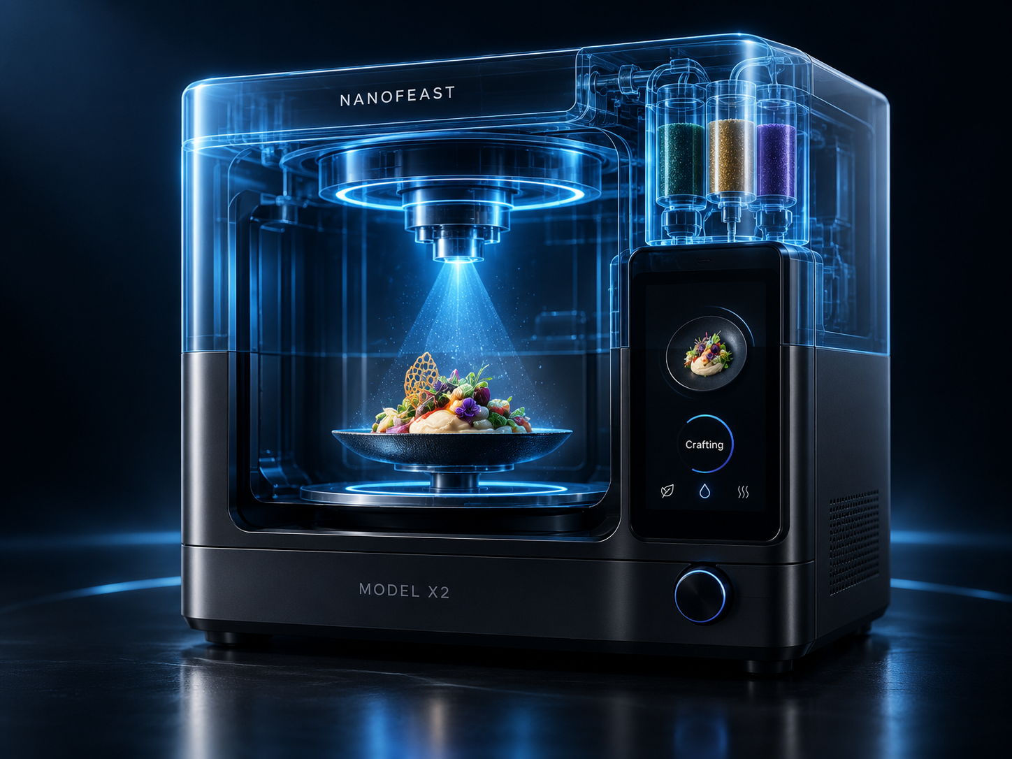 NanoFeast Model X2 concept visual with transparent fabrication chamber