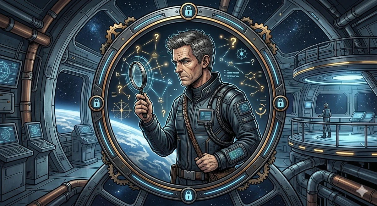Nathaniel Locke before a holographic investigation wall of historical clues