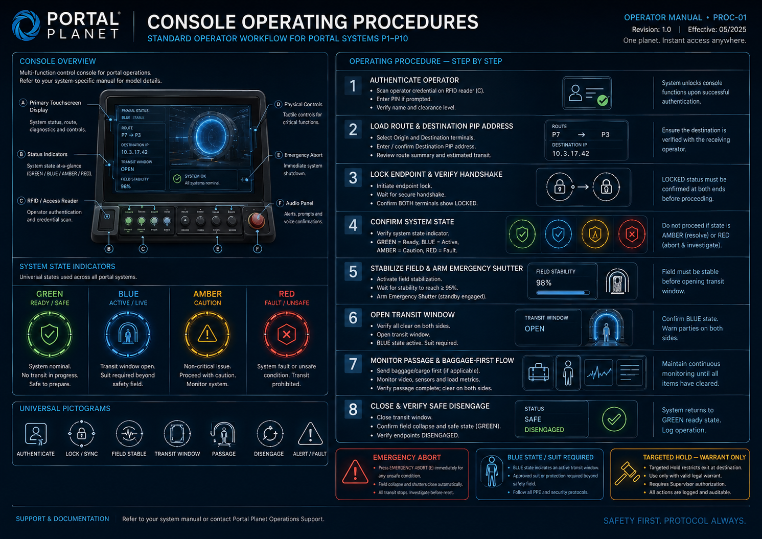 Portal Planet console operating procedures and standard workflow concept