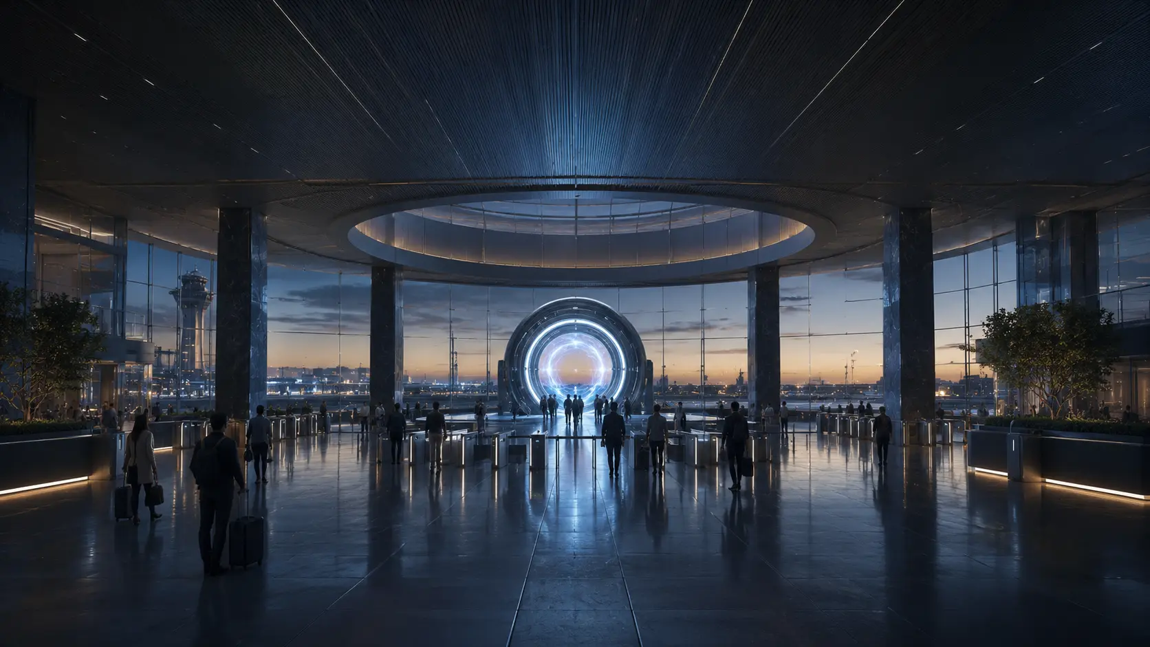 Travelers approaching a Portal Planet terminal