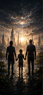 Family silhouette in future city