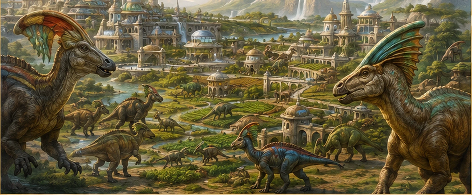 Multiple intelligent species gathered in a deep-time civic valley