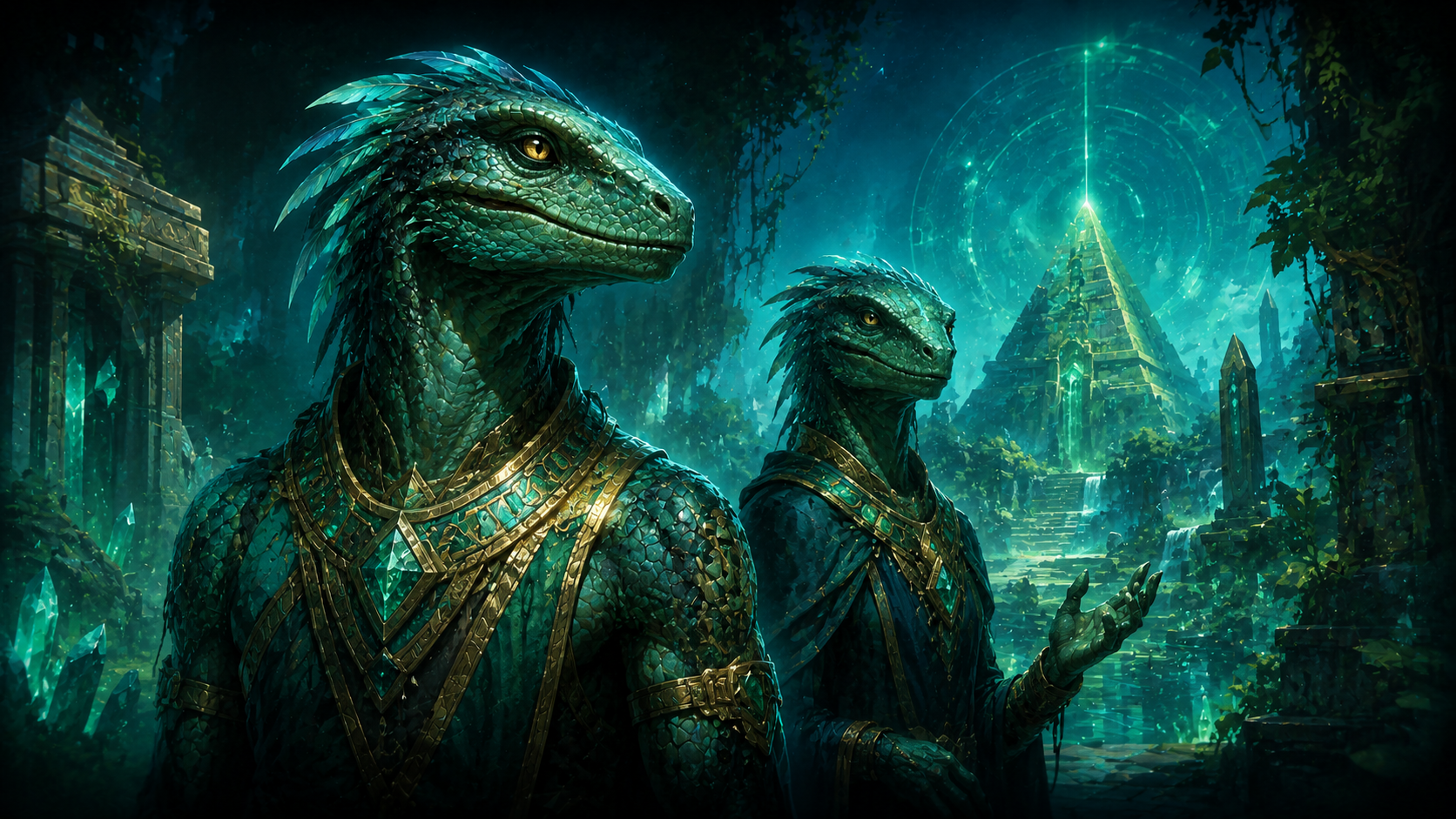 Troodon Exodus hero artwork showing two intelligent reptilian beings before an ancient luminous pyramid