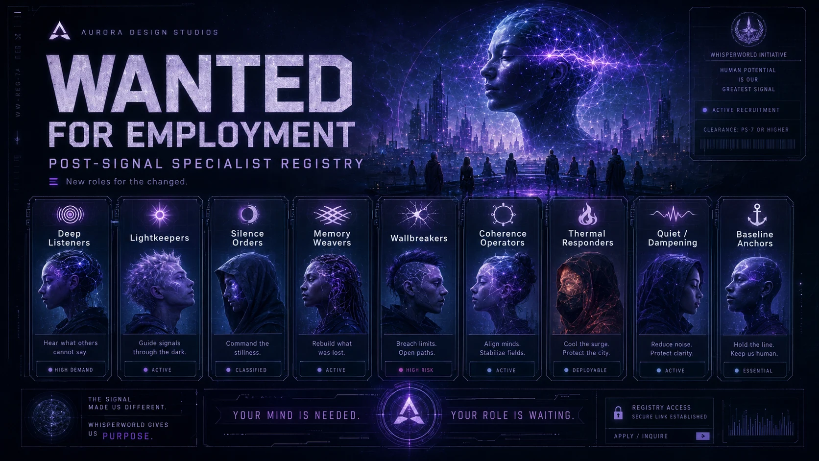 Wanted for Employment WhisperWorld specialist registry poster